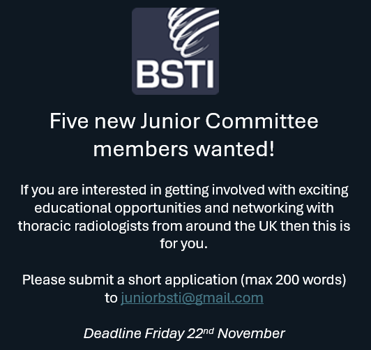 Are you a registrar who is interested in thoracic imaging and looking to join a friendly team of radiology registrars who share the same vision ? 🫁
Apply to join today! The deadline is fast approaching! ⏰ 
<a href="/_the_SRT/">The Society of Radiologists in Training</a> <a href="/RCRadiologists/">The Royal College of Radiologists</a> <a href="/radiologistpage/">theRadiologist</a> <a href="/BSTImaging/">BSTI</a> <a href="/Dr_PriyaSuresh/">Priya Suresh</a>