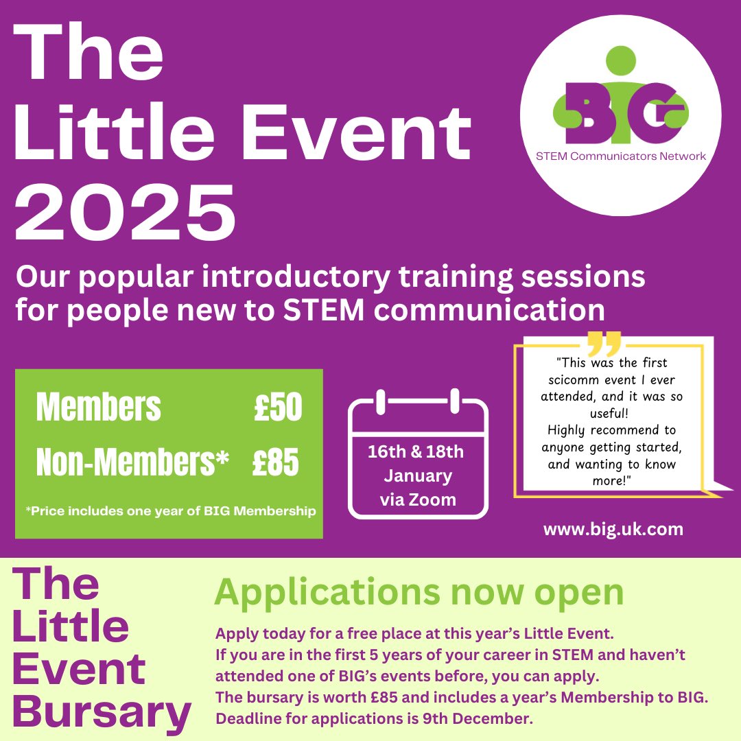 Booking is now open for The Little Event 2025!
Bursary applications are also welcomed if you are early in your #scicomm career 

big.uk.com/event-5935416

Please share!