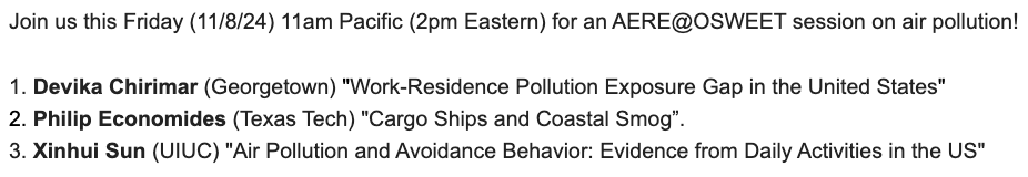 AERE (@aereorg) on Twitter photo AERE@OSWEET returns *this Friday* November 8th at 2pm Eastern (11am Pacific) with 3 terrific talks on air pollution!
Presenters:
✨ Devika Chirimar, <a href="/dc__devika/">Devika Chirimar</a> (Georgetown)
✨ Philip Economides, <a href="/economip/">Philip Economides</a> (Texas Tech)
✨ Xinhui Sun, <a href="/sun_xinhui/">Xinhui Sun</a> (UIUC)
bit.ly/OSWEETnov8 AERE@OSWEET returns *this Friday* November 8th at 2pm Eastern (11am Pacific) with 3 terrific talks on air pollution!
Presenters:
✨ Devika Chirimar, <a href="/dc__devika/">Devika Chirimar</a> (Georgetown)
✨ Philip Economides, <a href="/economip/">Philip Economides</a> (Texas Tech)
✨ Xinhui Sun, <a href="/sun_xinhui/">Xinhui Sun</a> (UIUC)
bit.ly/OSWEETnov8