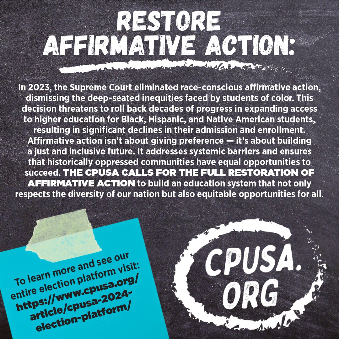 communistsusa's tweet photo. The CPUSA 2024 Election Platform, developed with the assistance of the Young Communist League, emphasizes that we’re fighting for a country where education is a right, not a privilege. This means canceling student debt and restoring affirmative action. Let’s build a future that puts people over profits!  #YCL #EducationForAll #CancelStudentDebt #AffirmativeAction