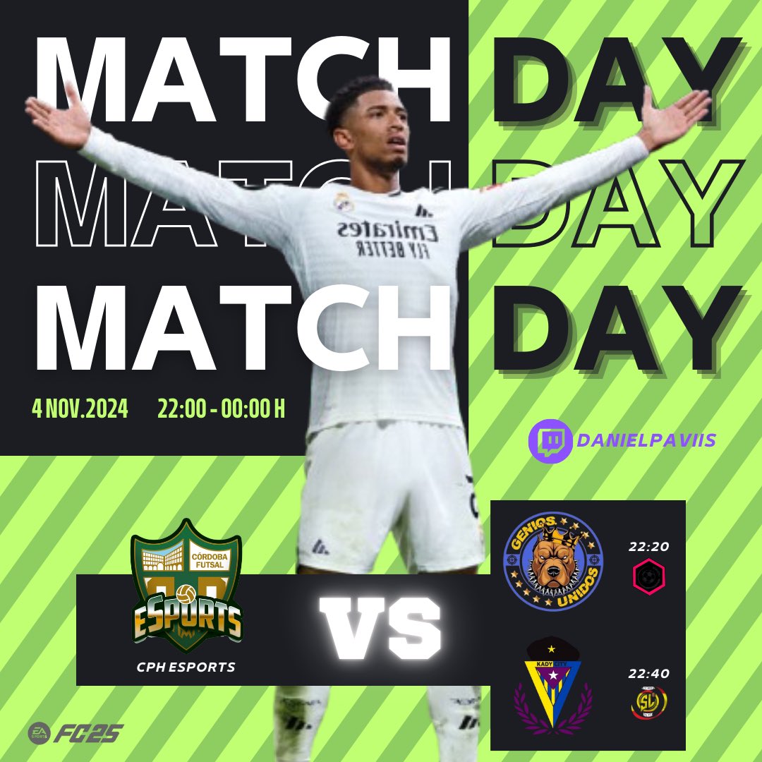 Córdoba Patrimonio Esports (@cordoba_gaming) on Twitter photo ⚽️ MATCHDAY | JORNADA 4 ⚽️
🏆 @VPCL_ESPANA
🆚 <a href="/AridanyD/">Genios Unidos</a>
⏰ 22:20 h
🏆 <a href="/SoccerLeagueEsp/">Soccer League</a>
🆚 <a href="/KadyCity/">𝗞𝗔𝗗𝗬 𝗖𝗜𝗧𝗬 𝗲𝗦𝗽𝗼𝗿𝘁𝘀</a>
⏰ 22:40 h
📺 <a href="/danielpaviiis/">Dani Pavon</a>
#FC25 #FIFA #GOCPH ⚽️ MATCHDAY | JORNADA 4 ⚽️
🏆 @VPCL_ESPANA
🆚 <a href="/AridanyD/">Genios Unidos</a>
⏰ 22:20 h
🏆 <a href="/SoccerLeagueEsp/">Soccer League</a>
🆚 <a href="/KadyCity/">𝗞𝗔𝗗𝗬 𝗖𝗜𝗧𝗬 𝗲𝗦𝗽𝗼𝗿𝘁𝘀</a>
⏰ 22:40 h
📺 <a href="/danielpaviiis/">Dani Pavon</a>
#FC25 #FIFA #GOCPH