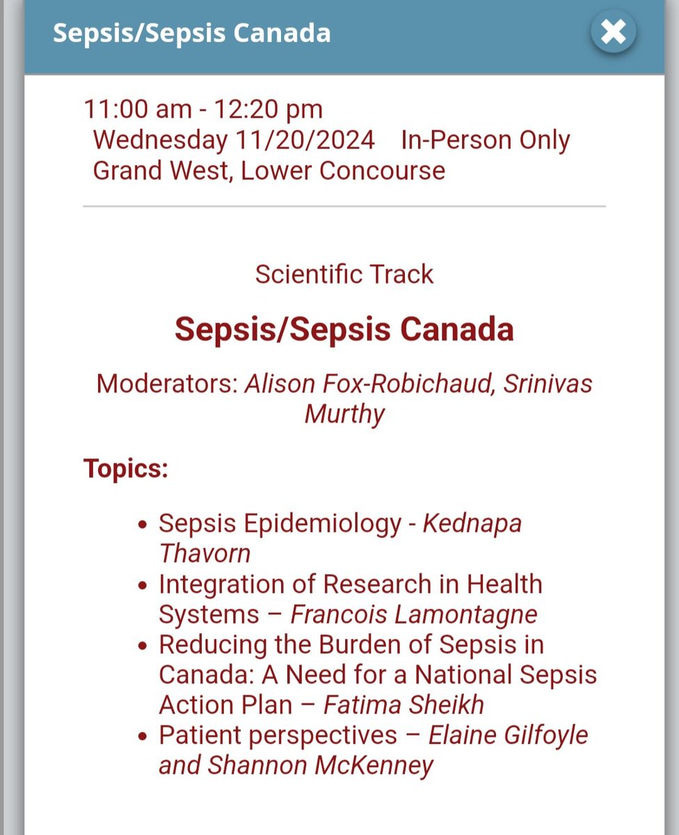 Shannon McKenney (@shannonmckenney) on Twitter photo I am honored to be joining the <a href="/SepsisCanada/">Sepsis Canada</a> session #CriticalCareCanadaForum on Wednesday, November 20, 2024.
This session, moderated by <a href="/drfoxrob/">Alison Fox-Robichaud, MD</a> and <a href="/srinmurthy99/">Srinivas Murthy, MD, MHSc</a>, includes input from Kednapa Thavorn, Francois Lamontagne, <a href="/fatima_sheikkh/">Fatima Sheikh (she/her)</a> & @ElaineGilfoyle! I am honored to be joining the <a href="/SepsisCanada/">Sepsis Canada</a> session #CriticalCareCanadaForum on Wednesday, November 20, 2024.
This session, moderated by <a href="/drfoxrob/">Alison Fox-Robichaud, MD</a> and <a href="/srinmurthy99/">Srinivas Murthy, MD, MHSc</a>, includes input from Kednapa Thavorn, Francois Lamontagne, <a href="/fatima_sheikkh/">Fatima Sheikh (she/her)</a> & @ElaineGilfoyle!