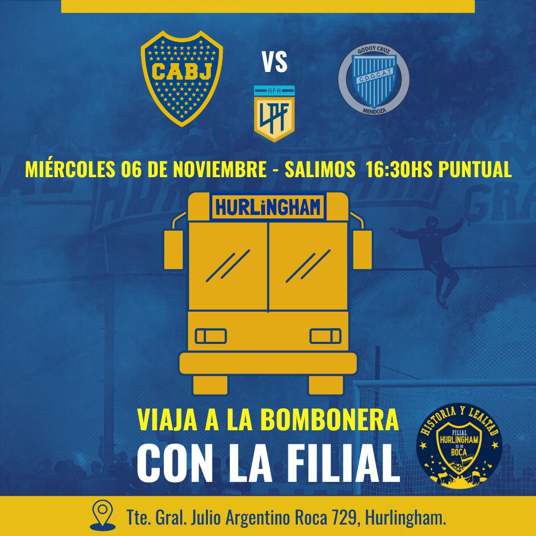 HurlinghamBoca's tweet photo. 🚍 Viaja a la Bombonera con la Filial! 🇸🇪
⚽️ BOCA vs Godoy Cruz
🗓 Miércoles 06 de Noviembre
🕒 16:30hs SALIMOS PUNTUAL
📍 Tte. Gral J.A Roca 729, Hurlingham
⚠️ IMPORTANTE : NO vendemos entradas ni alquilamos carnets
📝 Envíanos un msj privado para anotarte. https://t.co/ZBj6yIrETJ