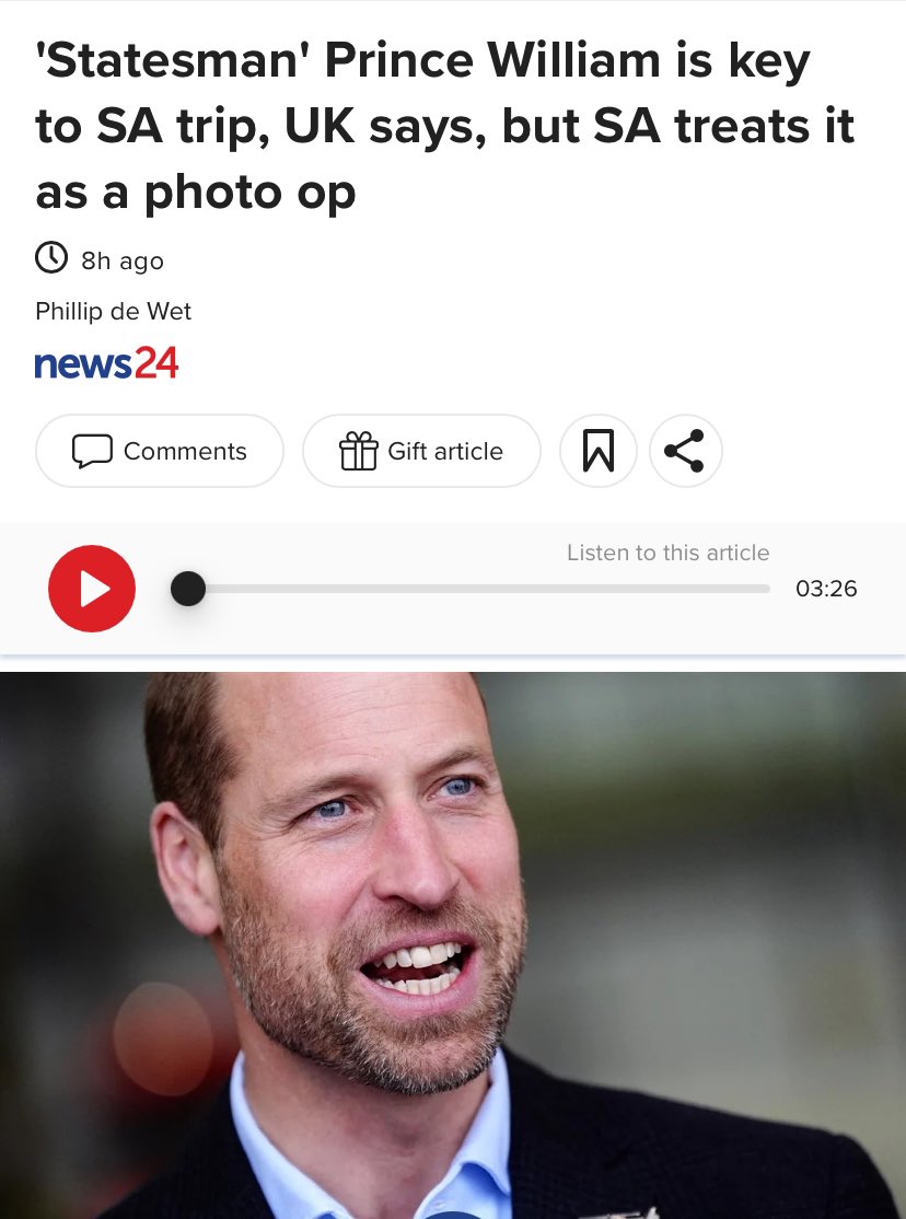 ZandiSussex's tweet image. Ouch!!!🤭😂🤣🙊🤭🤣 Prince William issues a statement calling himself a “global statesman” but South Africa begs to differ &amp;amp; calls it a “standard courtesy call”.🤭 Desperate Times!😂