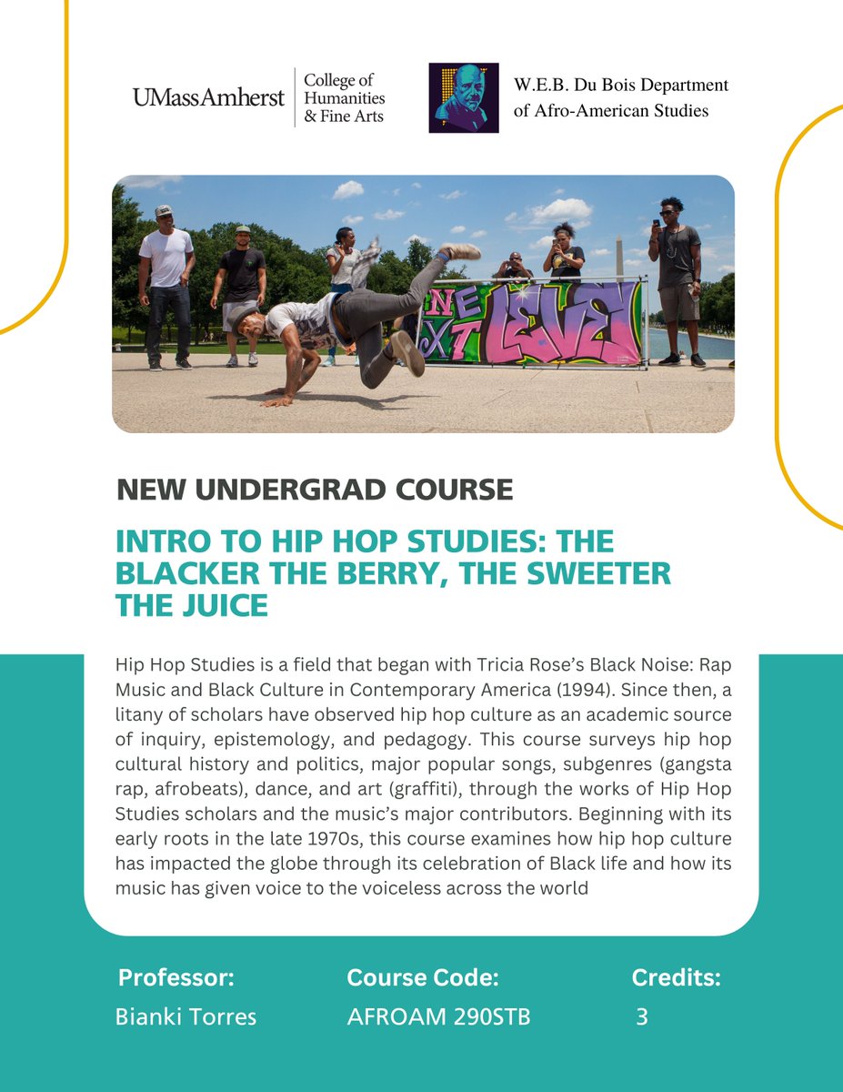 Check out our new undergrad courses!

Intro to Hip Hop Studies: the Blacker the Berry, the Sweeter the Juice (AFROAM 290STB), 3 credits 

Taught by: Professor Bianki Torres

Wednesdays 11:15 am - 1:45 pm