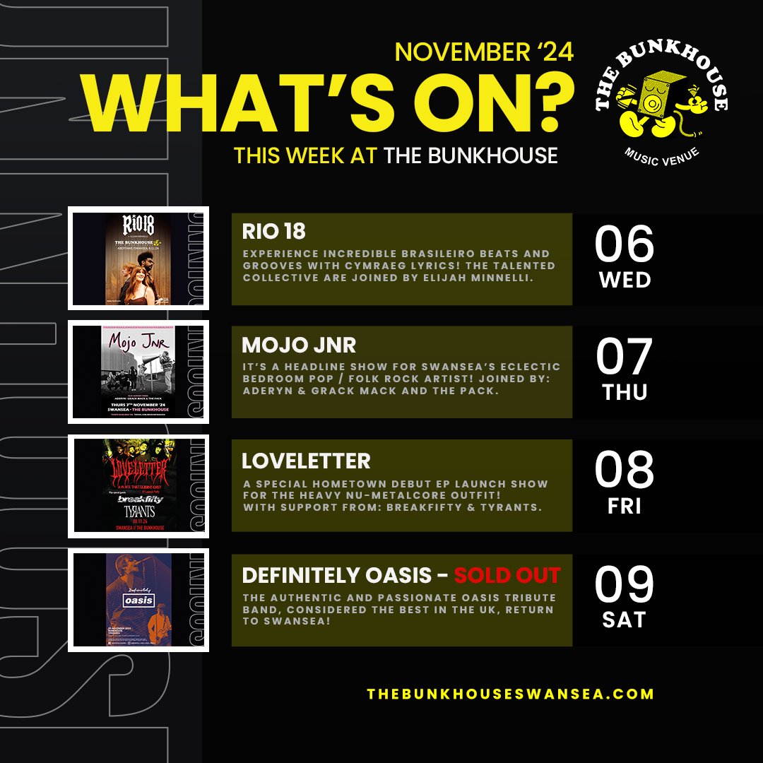 Check out what we have on for you this week at The Bunkhouse Swansea 🏴󠁧󠁢󠁷󠁬󠁳󠁿👇

🎟️thebunkhouseswansea.com 

#TheBunkhouse #BunkhouseSwansea #Swansea #Abertawe #WhatsOnSwansea #Cymru