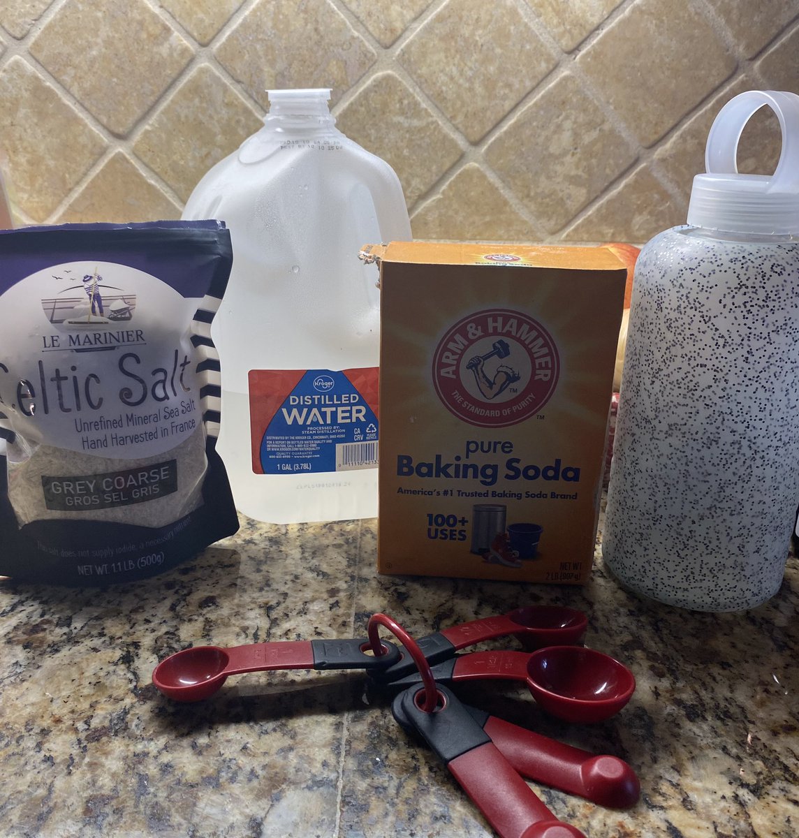 So this is what I use… 
A 32 oz glass bottle,
Arm &amp; Hammer Baking Soda, Le Mariner Celtic Sea Salt Coarse Grey (Amazon), and just some Kroger Distilled Water.  
Remember it’s teaspoon, NOT tablespoon. 💕
Easy Peasy 🫛