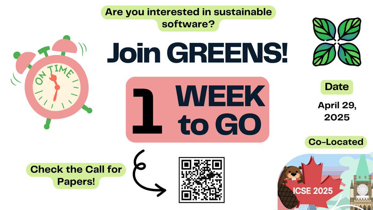 ⏰ You’ve got one week left to submit your paper to #greens25! Join our community and help us shape the future of #sustainable #software! 🍃

🗓️ Deadline: Nov. 11
🏠Co-located with <a href="/ICSEconf/">ICSE</a> in Ottawa (Canada)!

Call for Papers:
🔗 greensworkshop.github.io