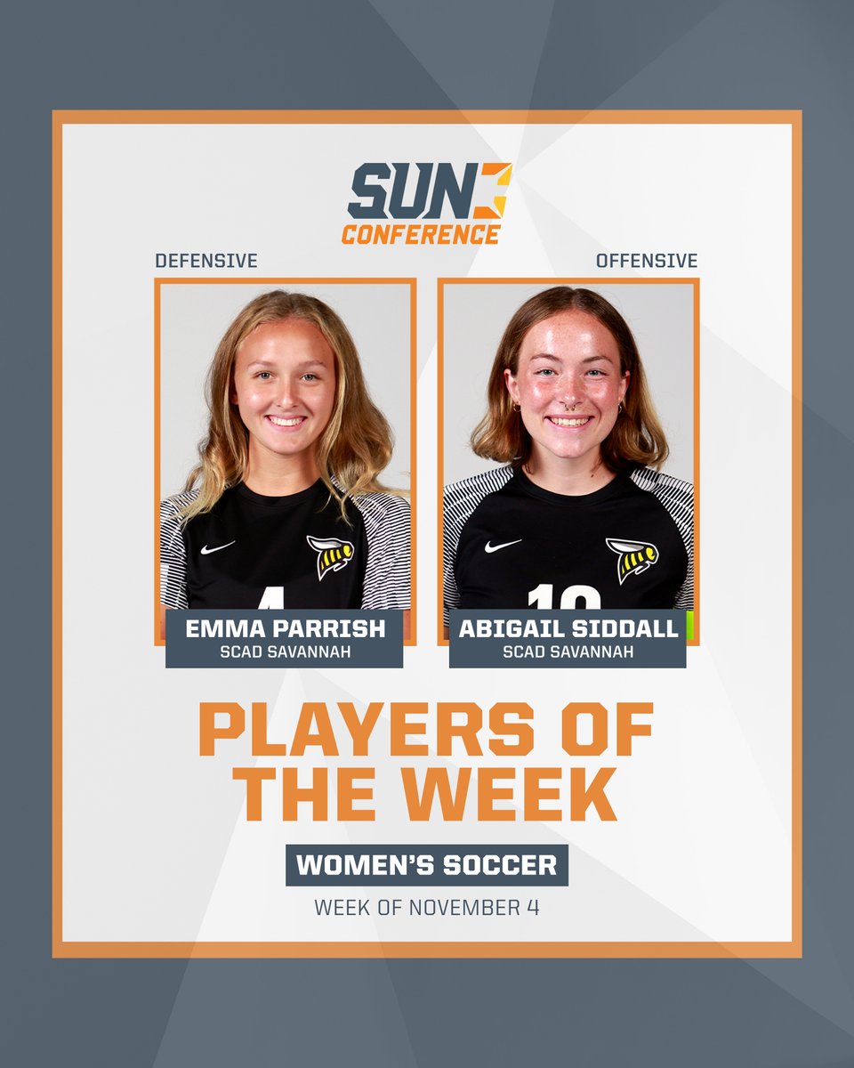 SunConference's tweet image. The final weekly awards for the 2024 #SUNWSOC season are here!

@SCADWSoccer sweeps this week’s honors!

More on Parrish and Siddall here 🔗bit.ly/3AsfJmI