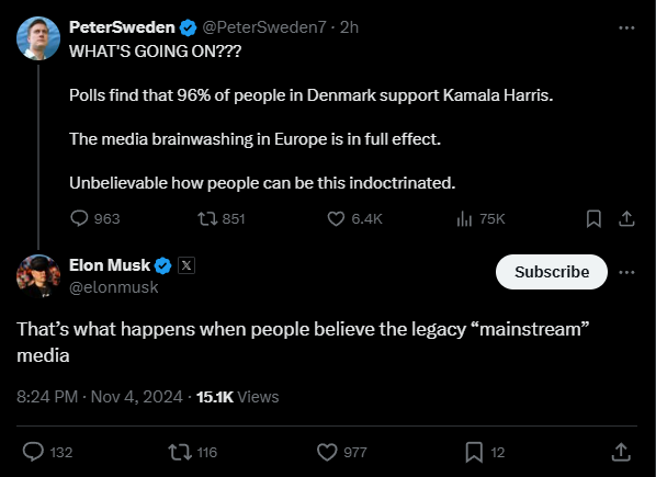Elon has now become the "reply guy" to holocaust denying flat earthers with his same old "mainstream media bad" tweet.