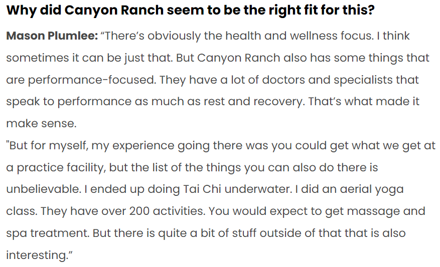 SK_Hoops's tweet photo. Why Canyon Ranch? For Plumlee, it’s all about their focus on performance: "I tried Tai Chi underwater and aerial yoga—things I wouldn’t typically do." With over 200 activities, it’s a place to push your limits and explore new ways to recharge! #skhoops https://t.co/9jXMuYTGrO