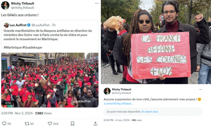 F_Desouche's tweet photo. Ritchy Thibault, attaché parlementaire d’Ersilia Soudais, tweete “Les Békés aux ordures !” (màj : il “assume pleinement” ses propos racistes, qu'il n'a pas supprimé, mais qui ont été masqués par X, car menaçant la communauté blanche créole de Martinique) https://t.co/eBfg9yN2lQ https://t.co/m8HBcCIuXW