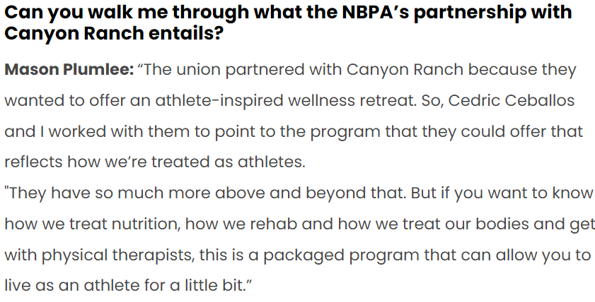 SK_Hoops's tweet photo. The NBPA and Canyon Ranch just teamed up for a wellness experience like none! It’s not just about massages and spas fans get a taste of pro-level recovery, from nutrition and rehab insights to workout routines. "It’s a chance to experience life as an athlete," says Mason Plumlee. https://t.co/DjxuFOLJKm