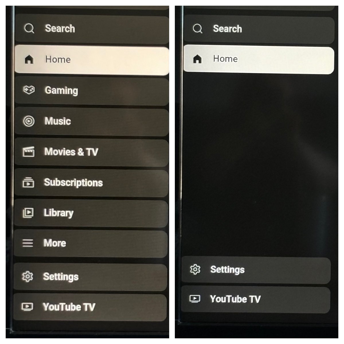 Hey <a href="/TeamYouTube/">TeamYouTube</a> all of a sudden my app on my PS5 isn’t working. The menu should look like the pic on the left , but it looks like the one on the right. Help?