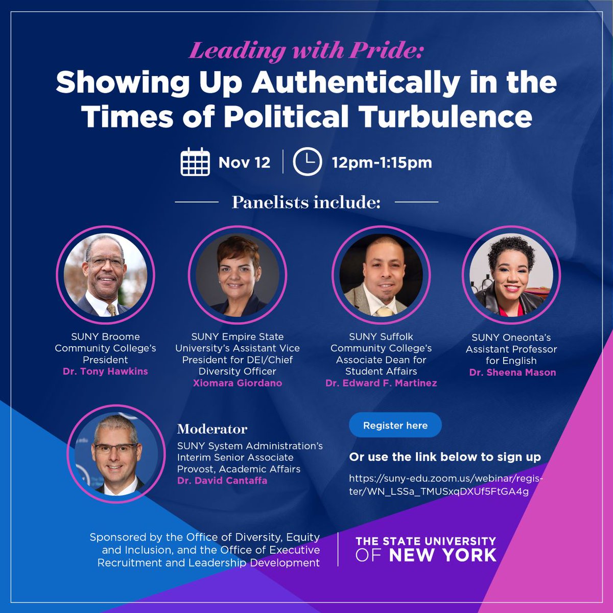 As we continue to celebrate LGBTQ+ History Month, join us on Wednesday, 11/12 for an insightful virtual panel with leaders from <a href="/sunybroome/">SUNY Broome</a>, @sunyempire, <a href="/SUNYSFLK/">SUNYSFLK</a>, &amp; @sunyoneonta.

Register today: suny-edu.zoom.us/webinar/regist…
