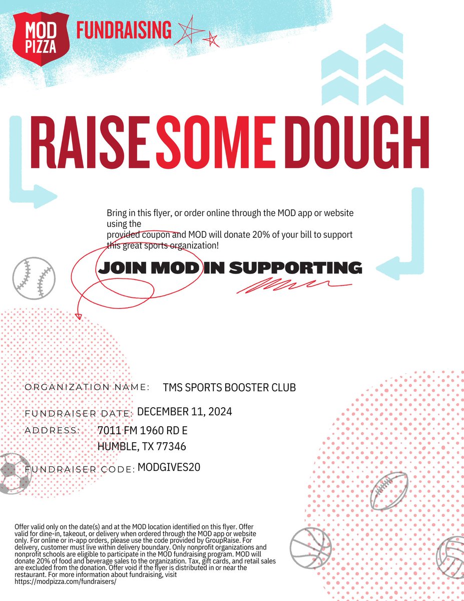 🍕 Hey TMS Families! 🍕 

Mark your calendars for a delicious way to support our students! Join us at MOD Pizza!
📍 **Location:** 7011 FM 1960 Rd E, Humble, TX 77346  
🗓️ **Date:** December 11, 2024  
🔑 **Fundraiser Code:** MODGIVES20  
Bring your family and friends, enjoy1