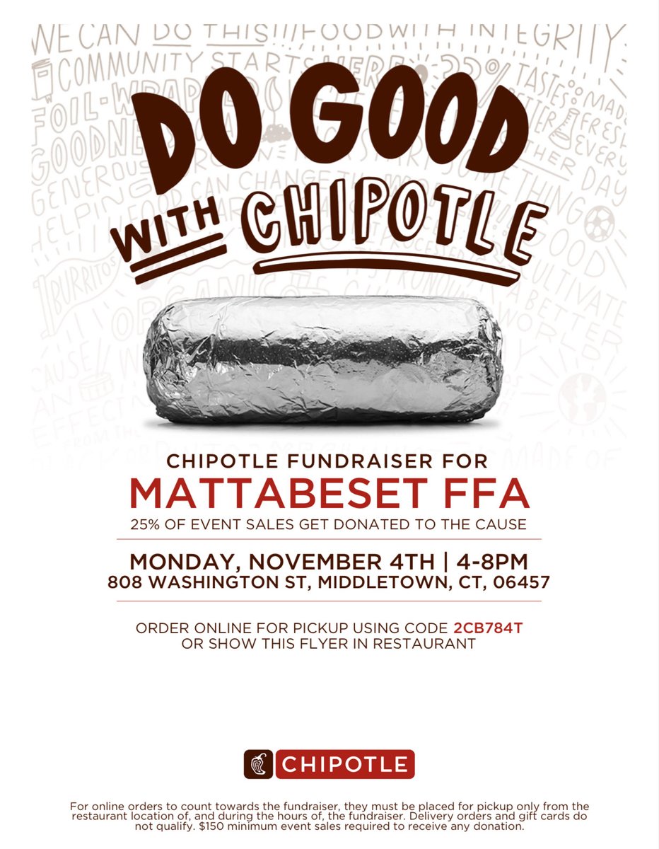 Hungry for change? Your Chipotle order today, 11/4/24 (4-8PM) can help grow future agricultural leaders! 25% supports our Mattabeset FFA program. Use code 2CB784T for online orders. #MPSFutureMakers