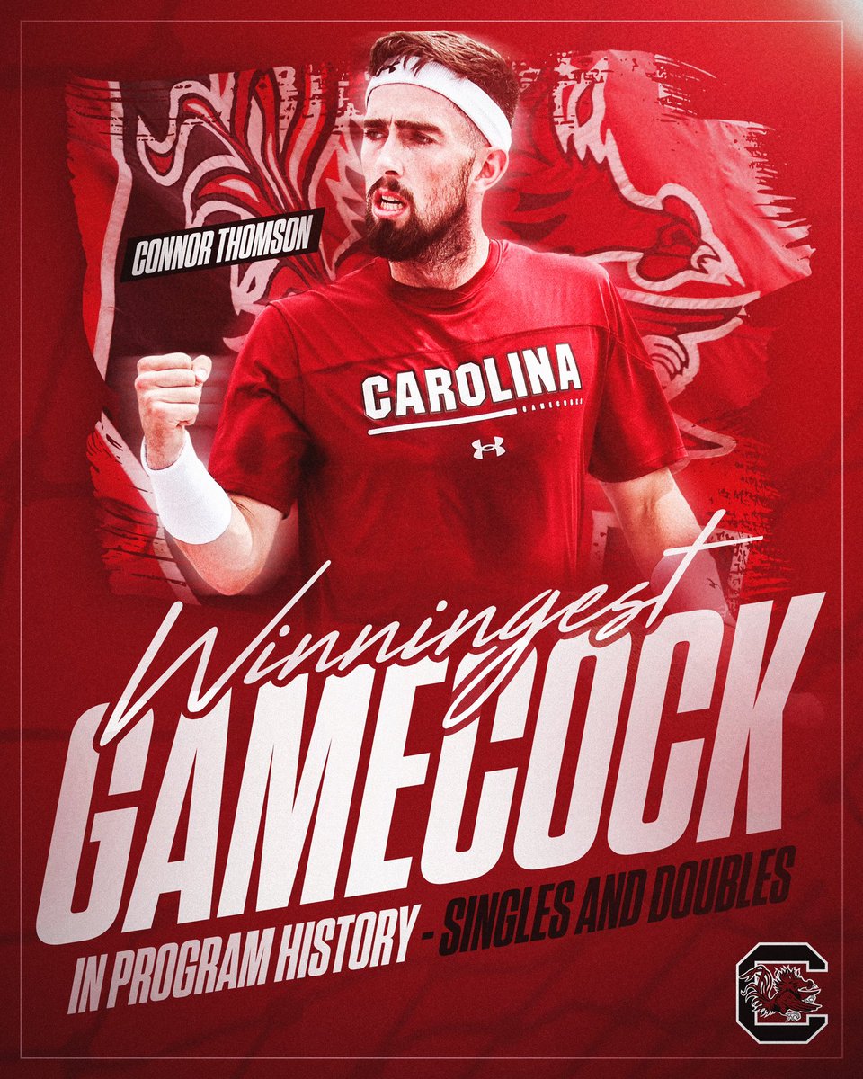 GamecockMTennis's tweet photo. History 𝒎𝒂𝒅𝒆🎾

After his performances at Wake Forest this past weekend, Connor Thomson now holds the program record for combined singles &amp; doubles victories, tallying 1️⃣9️⃣9️⃣ wins throughout his time with the Gamecocks!🤙

Congrats to our new all-time leader! https://t.co/uxPKrgdhae