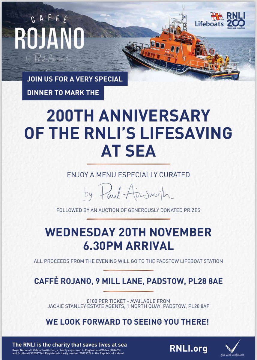 As part of the #RNLI200 celebrations this year we are thrilled to share this fabulous opportunity to enjoy an especially curated menu from <a href="/PaulAinsw6rth/">The Ainsworth Collection</a> at <a href="/cafferojano/">Caffè Rojano</a> - 20 November - tickets available from <a href="/JackieStanleyEA/">Jackie Stanley</a> in Padstow.
