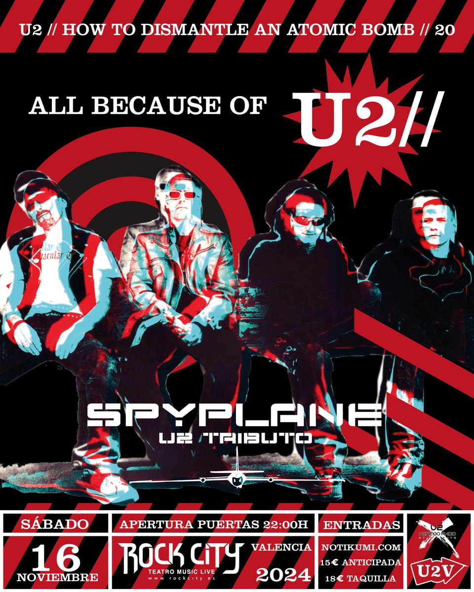 Esta noche en Rock FM contarán la historia de Spyplane Tributo U2, que ha perdido todo su equipo, guitarras, batería.. debido a las inundaciones de la semana pasada.. 
Entre todos hemos de ayudarles! El sábado 16 Noviembre estarán en Rock City Valencia #U2 #HTDAAB