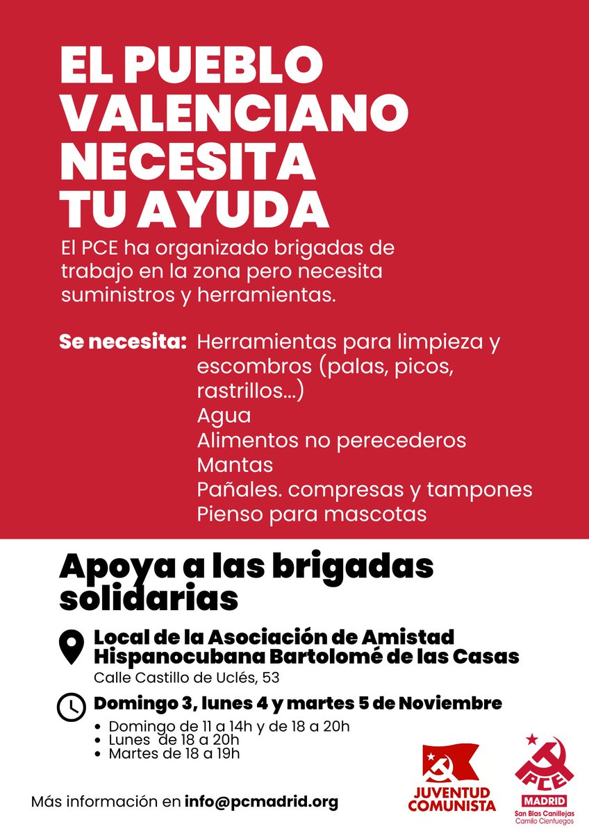 CienfuegosSBC's tweet photo. Segundo día de recogida de enseres de ayuda a #Valencia desde el PCE de #SanBlasCanillejas para las Brigadas del @elPCPV. 

👉 Mañana es el último día‼️Priorizamos:

Haraganes, cepillos, palas protectoras, guantes, monos impermeables, botas, y mascarillas FFP2… https://t.co/wDfaGLJoXS
