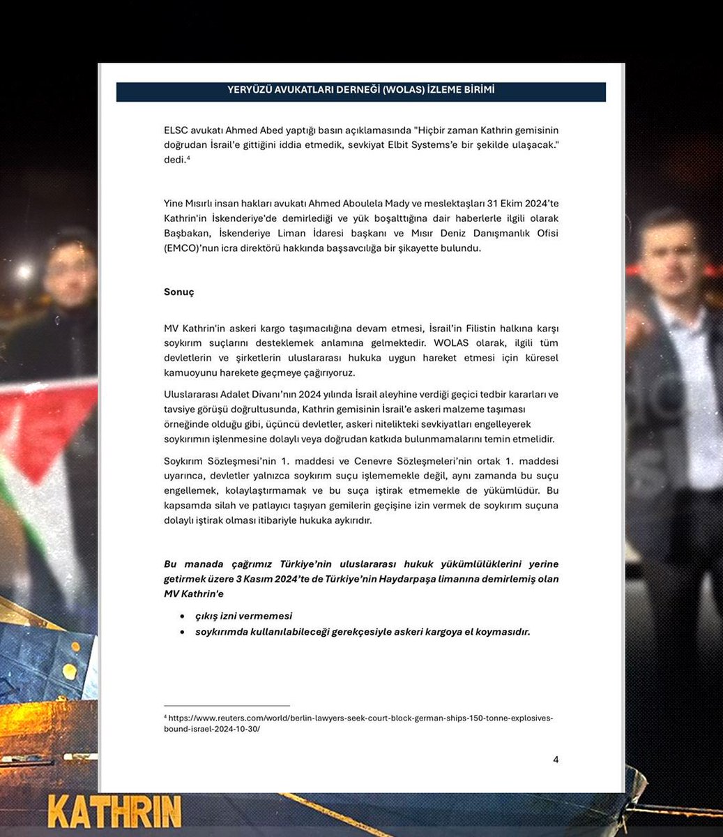 dailyislamist's tweet photo. 🔴 Yeryüzü Avukatları Derneği, Haydarpaşa Limanı'na demirleyen "MV Kathrin" gemisiyle ilgili rapor yayınladı.

- 🛳️ Gemi 60 konteynerlık uçak bombaları ve füzelerin temel bileşenleri niteliğinde olan RDX/Hexogen ve TNT patlayıcı taşıdı.

- 🇳🇦 Namibya hükümeti, patlayıcıların İsrail tarafından ithal edildiği tespit edilince gemiye verdiği izni geri çekti.

- 🇵🇹 Portekiz Dışişleri Bakanı Paulo Rangel, gemideki patlayıcıların bir kısmının varış yerinin İsrail olduğunu geminin armatörleri ile görüşerek teyit ettiğini açıkladı.

- 🇵🇹 Portekiz, tüm bunlardan sonra soykırıma ortak olmamak adına gemiden bayrağını geri çekti. Gemi daha sonra Almanya bayrağı aldı.

- 🇺🇳 BM Filistin Özel Raportörü Francesca Albanese, "Geminin İsrail'e 8 konteyner patlayıcı bırakacağını" açıkladı.

- 🇪🇬 Mısırlı avukatlar, geminin 31 Ekim'de İskenderiye Limanı'na yanaşmasına izin verilmesi sebebiyle Başbakan ve liman idaresi hakkında savcılığa suç duyurusunda bulundu.

Ayrıca Yeryüzü Avukatları, gemiye Türkiye’den ayrılma izni verilmemesi gerektiğini belirtti.