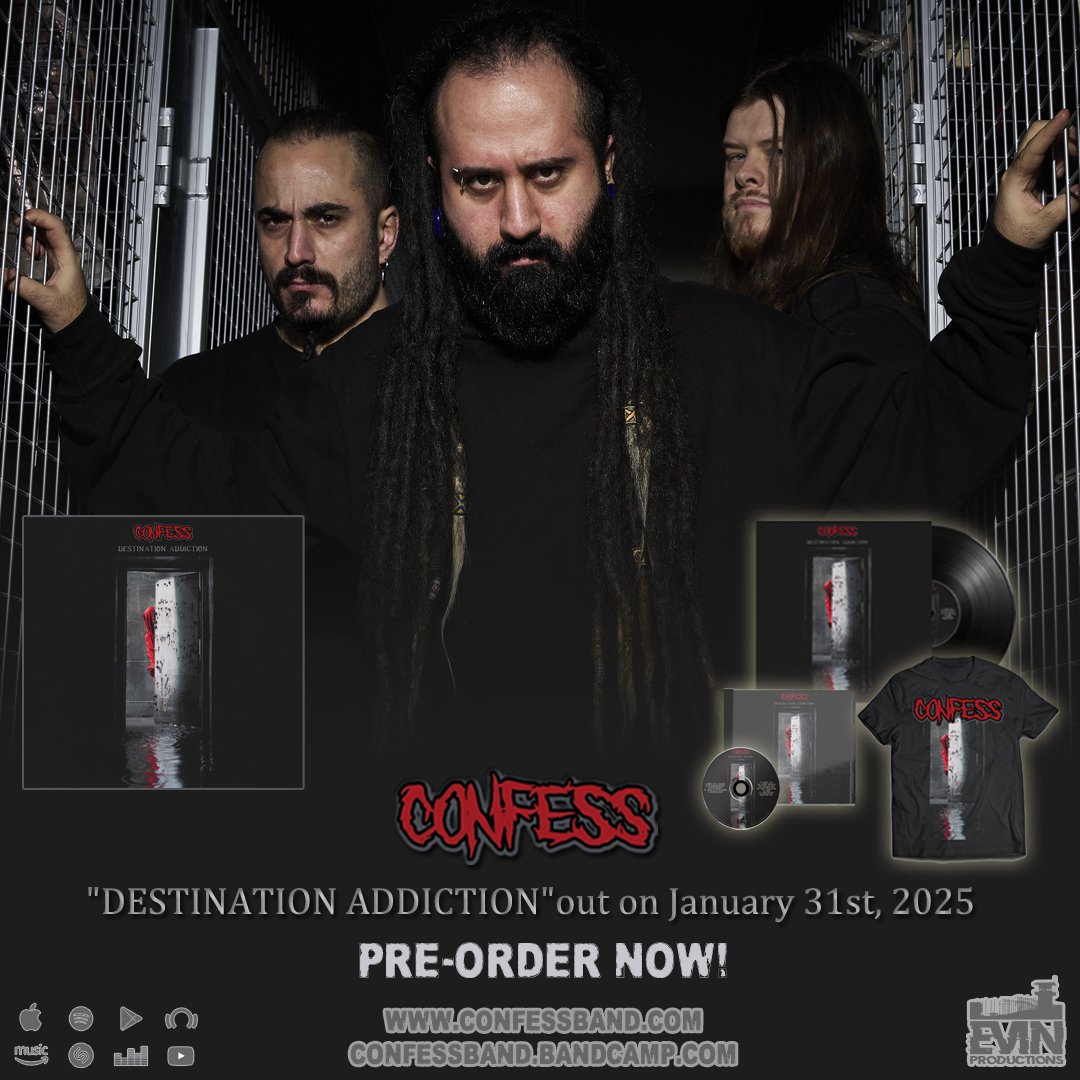 Our new album 'Destination Addiction' is coming your way January 31st! Pre-order your copy on CD &amp; Vinyl, alongside the new and exclusive merch design now at confessband.com/category/all-p… and confessband.bandcamp.com

#confessband #destinationaddiction