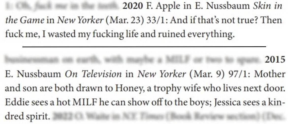 Jesse Sheidlower (@jessesheidlower) on Twitter photo F-Word update, celebrating authors I know and like! Today's episode features the great <a href="/emilynussbaum/">Emily Nussbaum</a>, who appears twice, once as a reporter, quoting Fiona Apple using _fuck me_, and once as a critic, for _MILF_.
The book is out today! Get your copy!
x.com/jessesheidlowe… F-Word update, celebrating authors I know and like! Today's episode features the great <a href="/emilynussbaum/">Emily Nussbaum</a>, who appears twice, once as a reporter, quoting Fiona Apple using _fuck me_, and once as a critic, for _MILF_.
The book is out today! Get your copy!
x.com/jessesheidlowe…