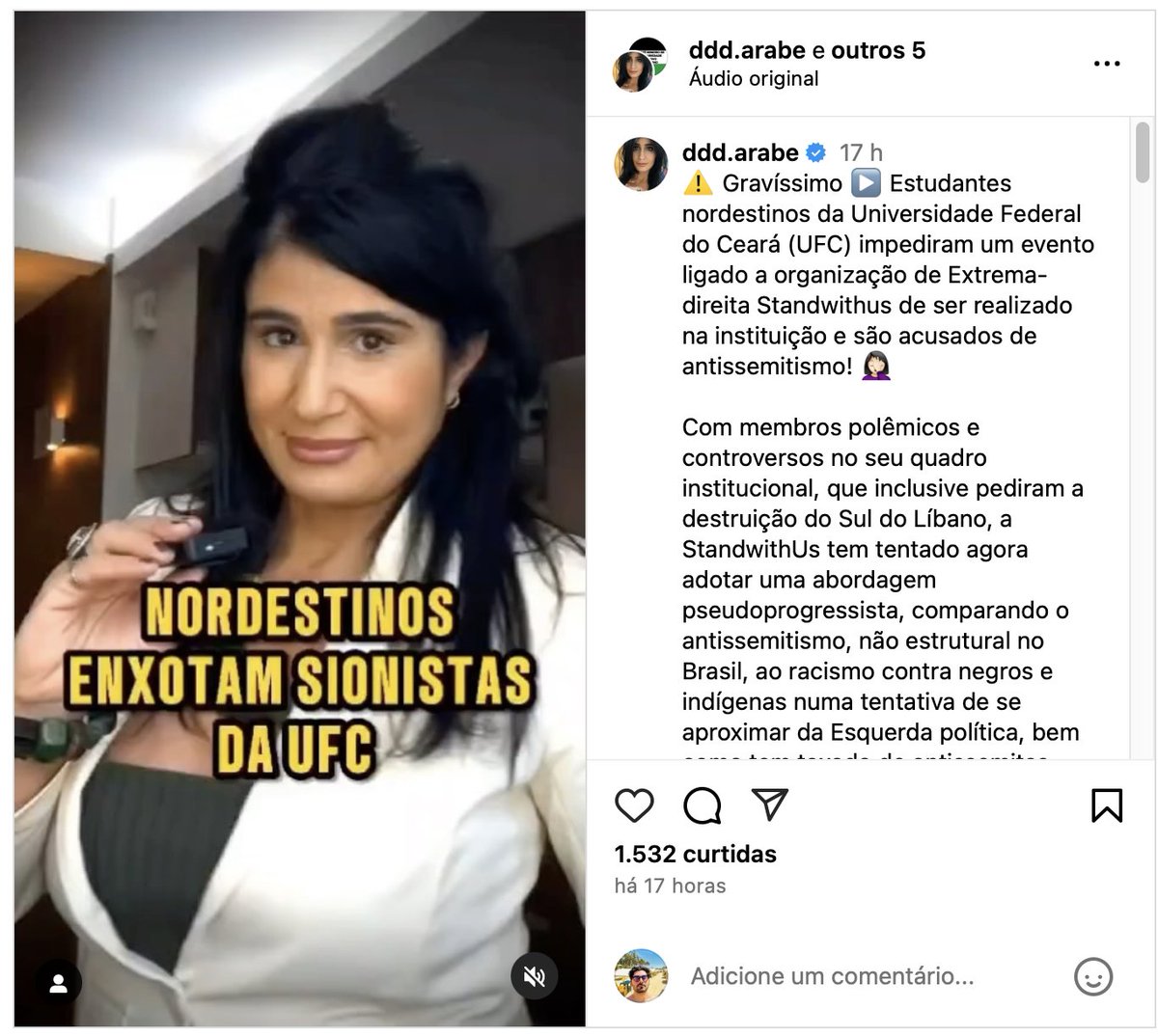 Hipocrisia Nada Diplomática

A diplomata Claudia Assaf (<a href="/assaf_claudia/">Cláudia Assaf (ddd.arabe)</a>), que em tese deveria representar todos os brasileiros, mais uma vez recorre à calúnia e à perseguição contra um jovem que, “por acaso”, é judeu e cearense — assim como muitos nordestinos que também repudiaram