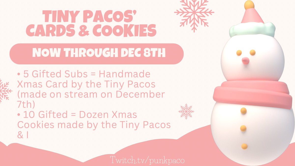 HartPaco's tweet image. Hi friends! The kiddos and I are looking to have some fun this holiday season. We want to include all of you on the fun as well! We will be having some Tiny Paco takeovers as well as making cards and cookies. Check out the details below to get in on the fun! 💚❤️💚