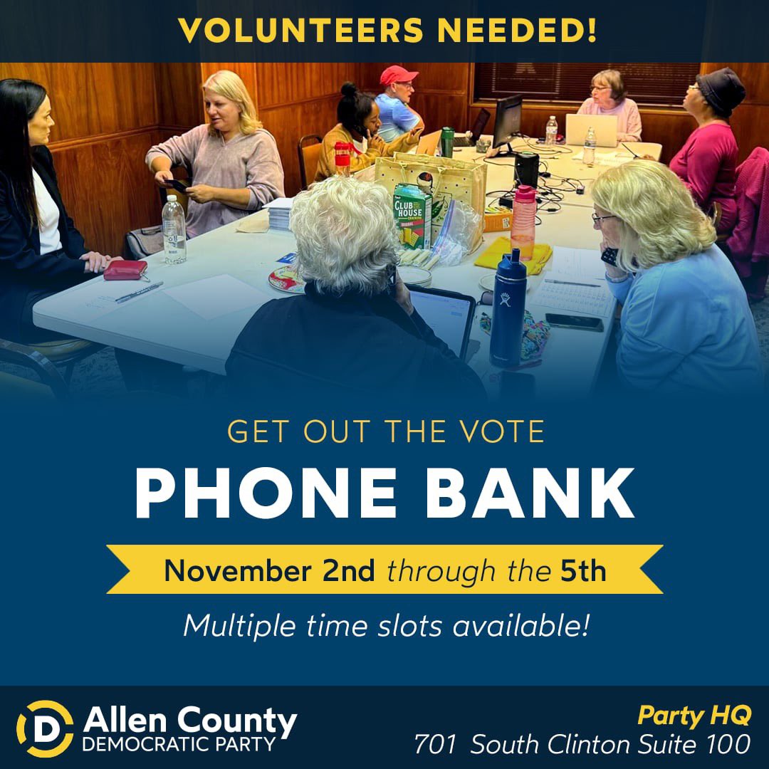 If you are available tomorrow - Election Day, Nov. 5 - we are in need of phone banking volunteers. You'll call registered voters who have yet to vote and encourage them to go to the polls before 6:00pm. #AllenCountyDems

Sign Up❗️ mobilize.us/allencountydem…