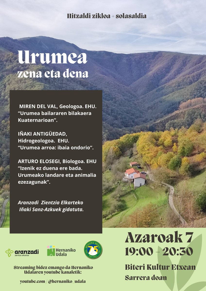 Iñaki Sanz-Azkue (@sanz_azkue) on Twitter photo Erne!! Ostegun honetan!! 📝
Hiru hitzaldi motz eta interesgarri, hizlari bikainak eta mahai inguru eder bat amaitzeko. 
Aretoan bertan, aurrez aurre, edo internet bidez ikusteko aukera duzue. Eta doan. 
Informazio guztia beheko irudian. ⤵️
<a href="/hernanikoudala/">Hernaniko Udala</a> <a href="/aranzadi/">Aranzadi</a> Erne!! Ostegun honetan!! 📝
Hiru hitzaldi motz eta interesgarri, hizlari bikainak eta mahai inguru eder bat amaitzeko. 
Aretoan bertan, aurrez aurre, edo internet bidez ikusteko aukera duzue. Eta doan. 
Informazio guztia beheko irudian. ⤵️
<a href="/hernanikoudala/">Hernaniko Udala</a> <a href="/aranzadi/">Aranzadi</a>