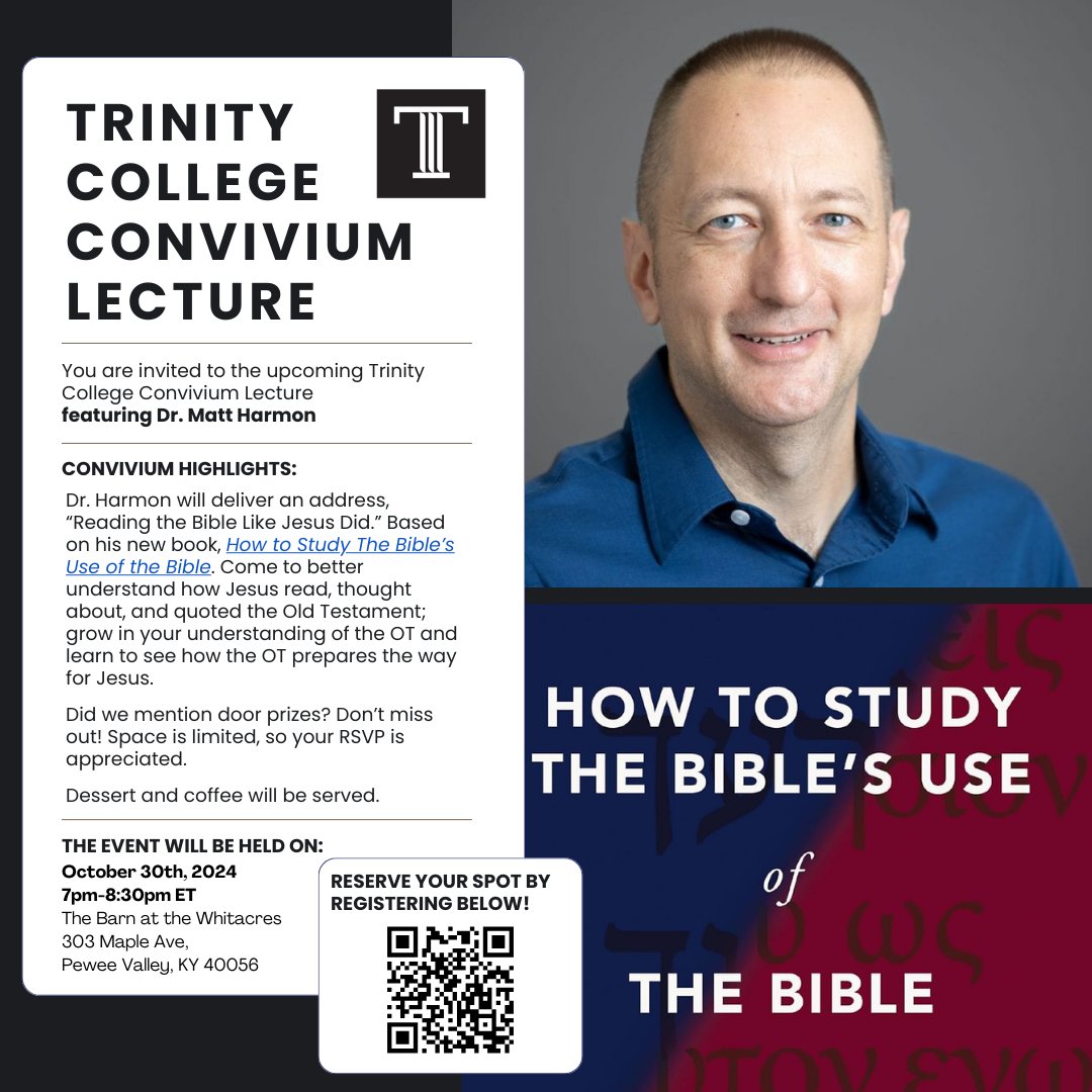 Dr. Matt Harmon was our guest lecturer last week at Convivium, &amp; he discussed "Reading the Bible Like Jesus Did." Jesus read the Bible as a means of keeping the two greatest commandments &amp; he read the Bible as as a narrative that points to him.

👀Watch: youtu.be/cW8ZhXUEfc4