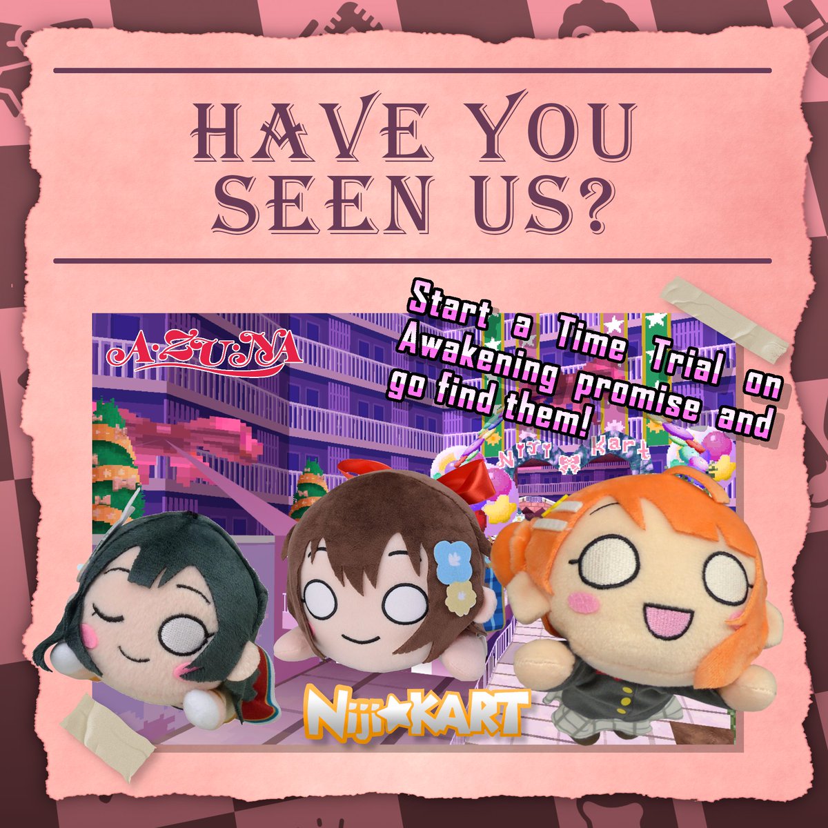 elHongo14's tweet photo. 3 lovely nesoberi plushies are lost on "Awakening Promise" and we need your help to find them. Are you up for the task? If so, start a Time Trial and go find them, share your findings with the #NijiKart hashtag!! Have fun!
#桜坂しずく #上原歩夢 #優木せつ菜 #LoveLive #ラブライブ https://t.co/0iurEtQ4Xr