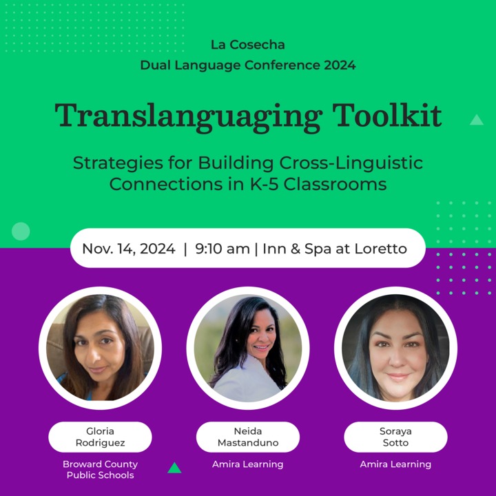 Soraya (@teach_dual_lang) on Twitter photo We're excited to support <a href="/BCPSDualLang/">BCPSDualLang</a> showcasing <a href="/browardschools/">Broward Schools</a>' best practices at La Cosecha 2024! Join Translanguaging Toolkit to explore effective strategies for bilingual learning—don’t miss out! At <a href="/AmiraLearning/">Amira</a>, we're proud to support this work! We're excited to support <a href="/BCPSDualLang/">BCPSDualLang</a> showcasing <a href="/browardschools/">Broward Schools</a>' best practices at La Cosecha 2024! Join Translanguaging Toolkit to explore effective strategies for bilingual learning—don’t miss out! At <a href="/AmiraLearning/">Amira</a>, we're proud to support this work!