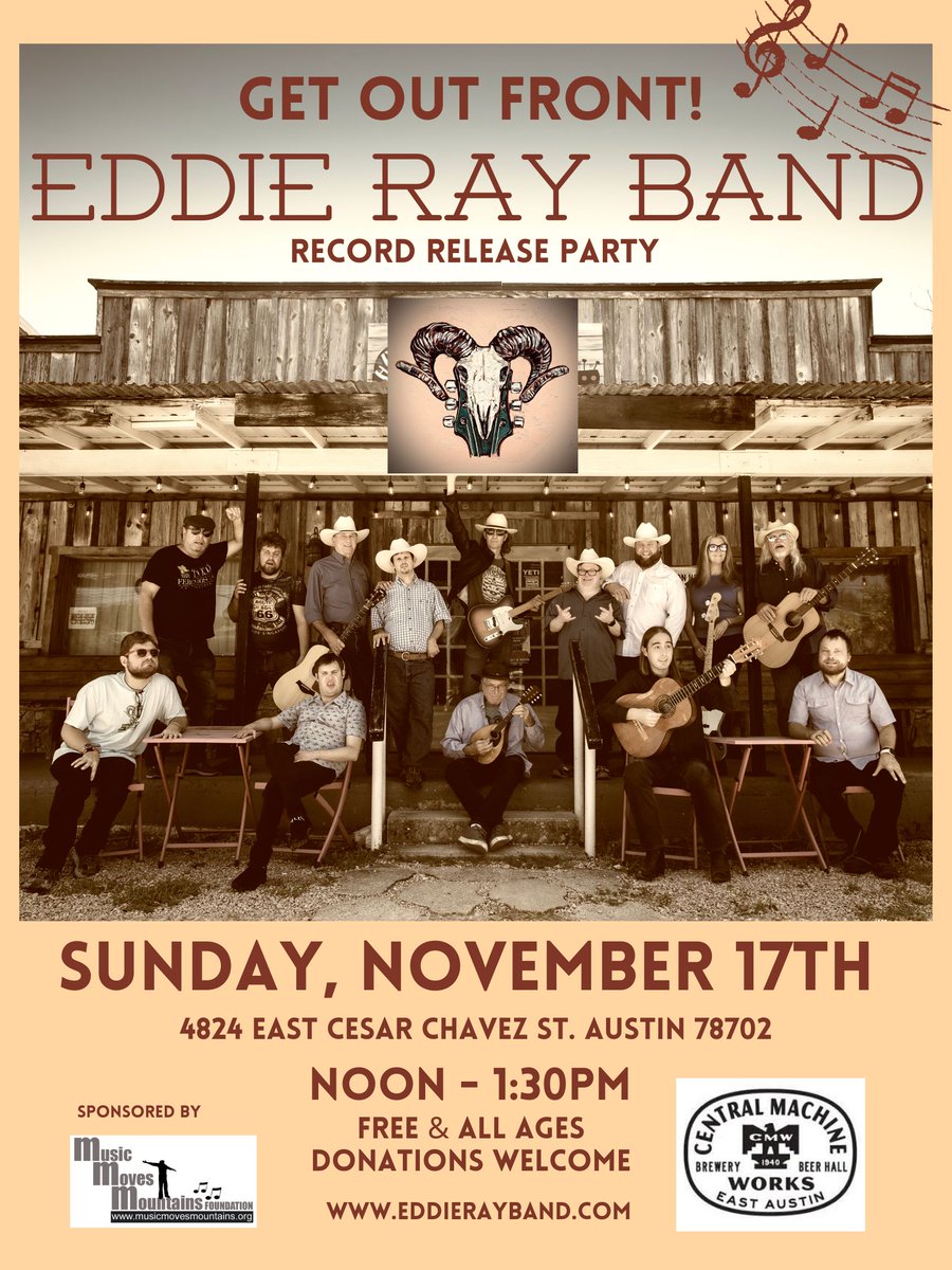 MusicMovesMtns's tweet photo. Austin metro!  Join us to celebrate the record release of "Get Out Front!" by the Eddie Ray Band on November 17th from noon-1:30pm at Central Machine Works in Austin!  Free &amp; family-friendly! https://t.co/HE3cNDD8Rr