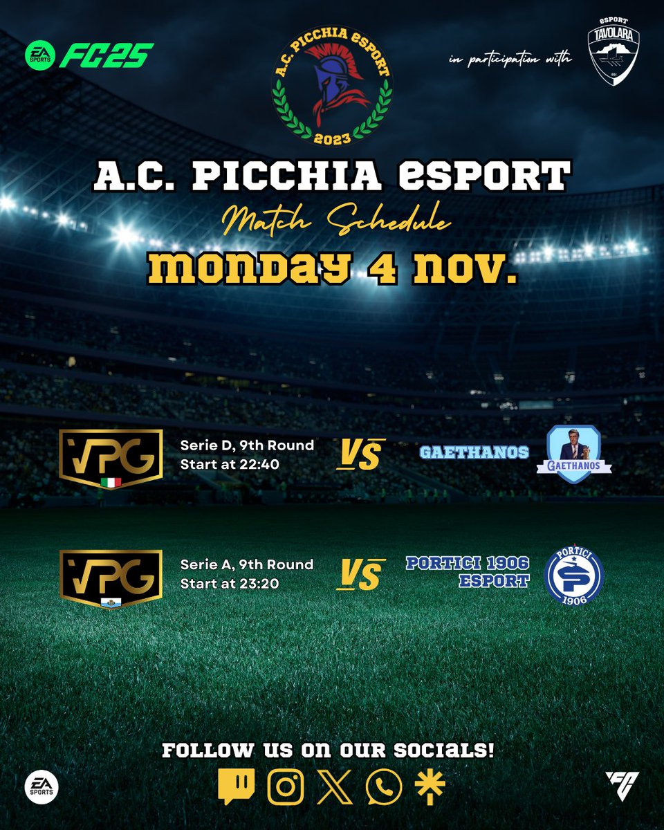 📢 MATCHDAY

🏆 <a href="/VPGItaly/">VPG Italy 🇮🇹</a> - Serie D
🆚 <a href="/FcGaethanos/">FcGaethanos</a>
⏰ 22:40
__________

🏆 <a href="/VPGSanMarino/">VPG San Marino 🇸🇲</a> - Serie A
🆚 @Portici1906eSP
⏰ 23:20

👀 Follow us live on Twitch:

twitch.tv/acpicchiaesport