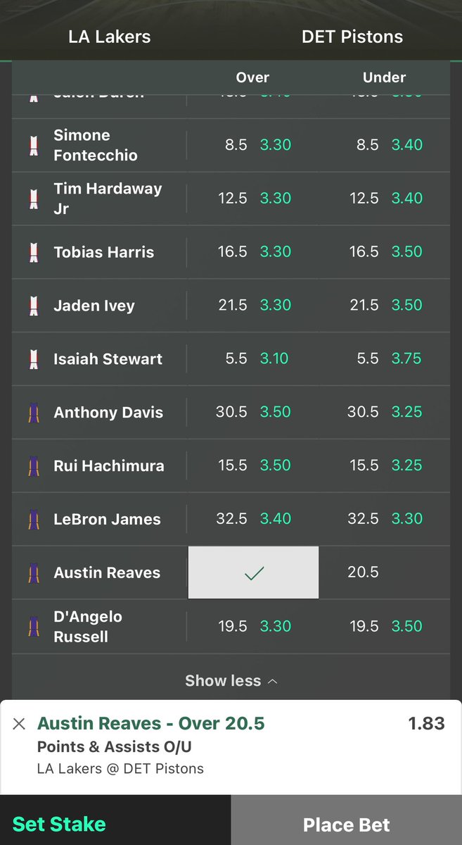 DKS_tips's tweet photo. Reaves 20.5 PA

Ainda sem Ausar Thompson, DET tem problemas na marcação no perímetro.

Em 6 jogos, Reaves venceu a linha 4 vezes. Das duas derrotas, uma foi na estreia e a outra num blowout. Nas que venceu teve 26/22/26/34.

Spread de 6.5 sugere um jogo próximo.

0.8u https://t.co/EjWImZQ7n9