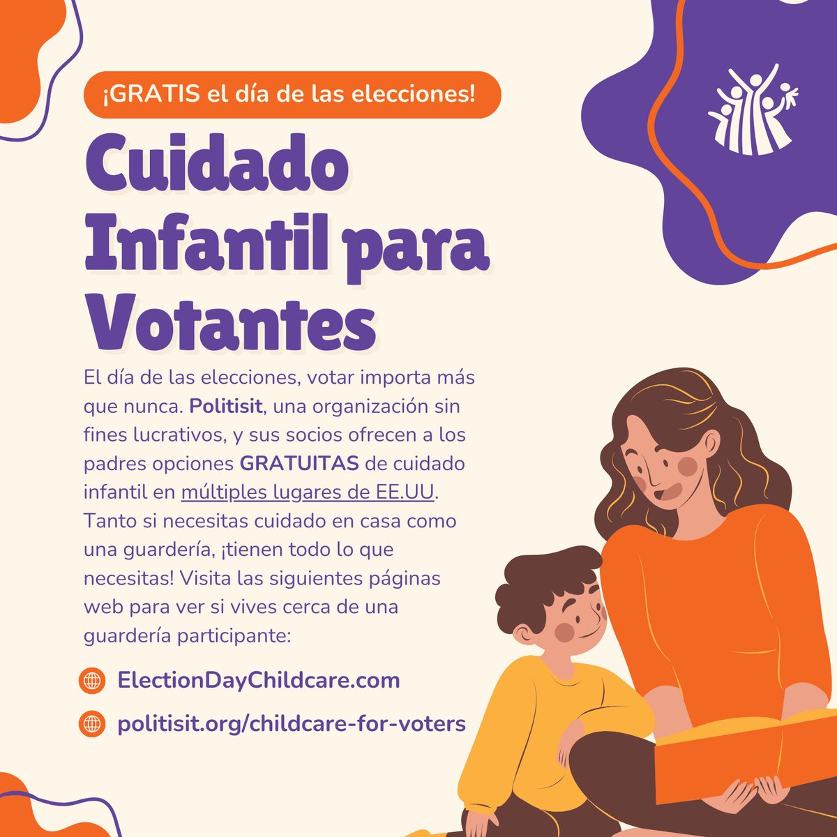 NationalPLTI's tweet photo. ¡Padres y cuidadores! ¿Necesitan cuidado infantil mañana? @PolitisitUSA esta ofreciendo cuidado gratuito en lugares como AL, CA, GA, MD, NY, NC, PA y TX ¡para que puedas ir a votar sin problemas! Votar es esencial, y están aquí para ayudarte. ¡Visítalos ya para reservar tu plaza! https://t.co/Arw5xNe1Ok