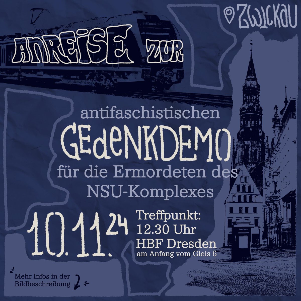 ‼️Anreise nach Zwickau
 zur Gedenkdemo‼️

Die Aufdeckung des NSU Komplexes ist nun mehr als 13 Jahre her. Die Folgen sind immernoch bemerkbar. Schließt euch am 10.11.2024 der Anreise aus Dresden nach Zwickau an, um den Opfern des NSU zu gedenken. 
#Zu1011 #NSUgedenken