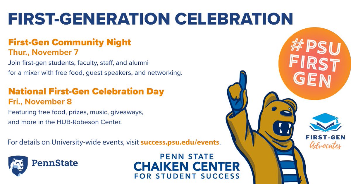 PSU_Undergrad's tweet image. This week join the #PSUFirstGen Celebration!

First-Gen Community Night: Thur., Nov. 7, from 6–8 p.m. in the HUB-Robeson Center Lion's Lair.

HUB Takeover: Fri., Nov. 8, from 11 a.m.–3 p.m.

🔗 Find details and RSVP for Community Night at success.psu.edu/first-generati….