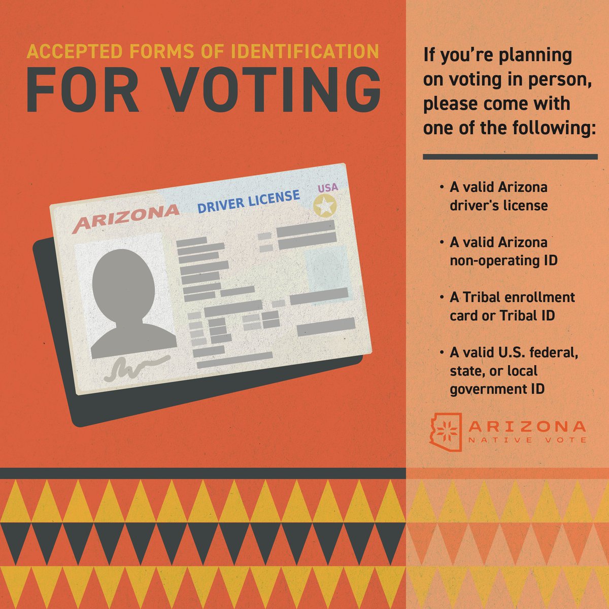 🗳️ Arizona Voters! Are you planning to vote in person? Bring one valid ID with your name, photo, and registered address:
✅ Options:
AZ driver’s license
AZ non-operating ID
Tribal ID
U.S. government ID
If addresses don’t match, bring two IDs. More info: arizonanativevote.org.