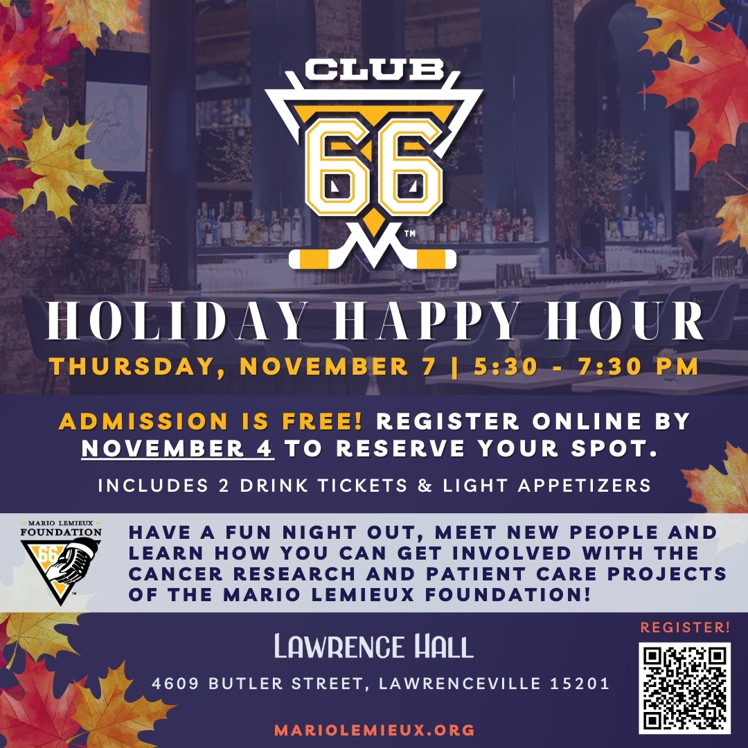 MarioLemieuxFdn's tweet image. Don't miss the Club 66 young professionals Holiday Happy Hour on Nov 7! Have a fun night out, meet new people &amp;amp; learn how you can get involved with the Lemieux Foundation! Admission is free but registration is required by TONIGHT, Nov 4. ➜ bit.ly/club66-holiday…