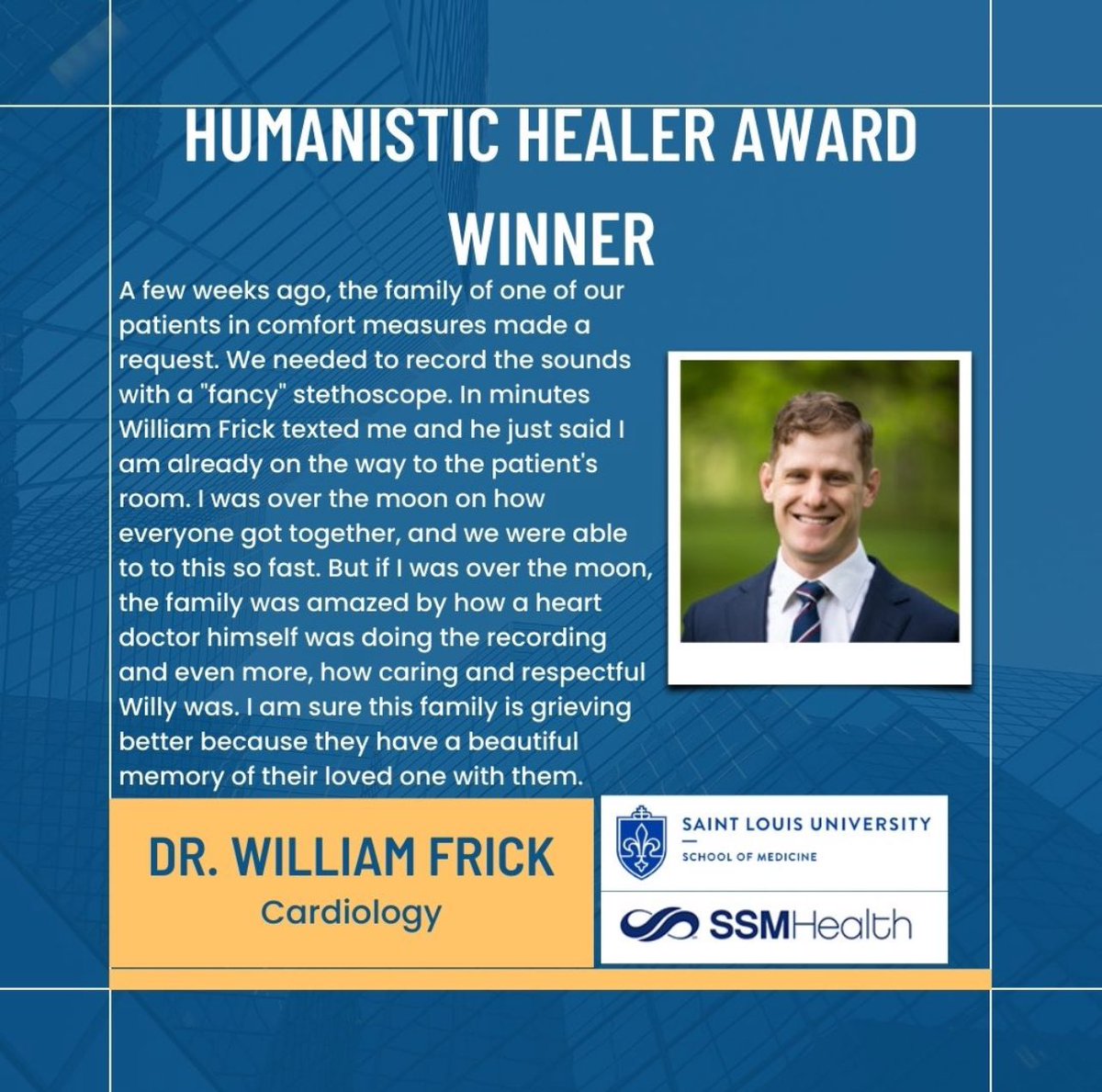 SLU Cardiology Fellowship (@slucards) on Twitter photo Congratulations to our wonderful chief fellow <a href="/willyhfrick/">Willy Frick</a> for being selected for the humanistic healer award! Congratulations to our wonderful chief fellow <a href="/willyhfrick/">Willy Frick</a> for being selected for the humanistic healer award!