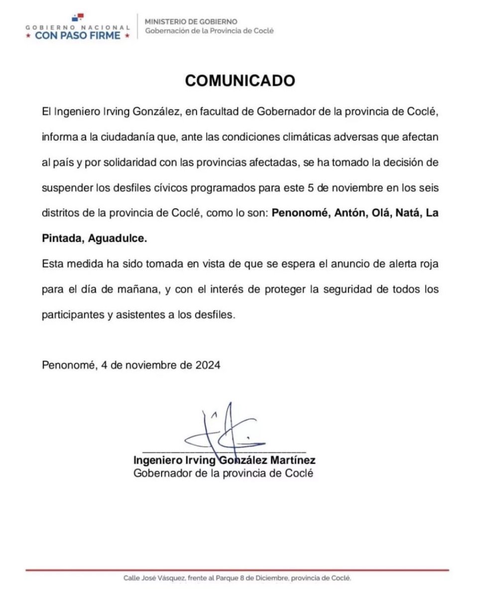 #Nacionales | Gobernador de la Provincia de Coclé, Irving González anunció que se mantienen suspendidos los desfiles en los seis distritos. 

<a href="/gobcocle/">Gobernación de Coclé</a> 
#RadioPanamá