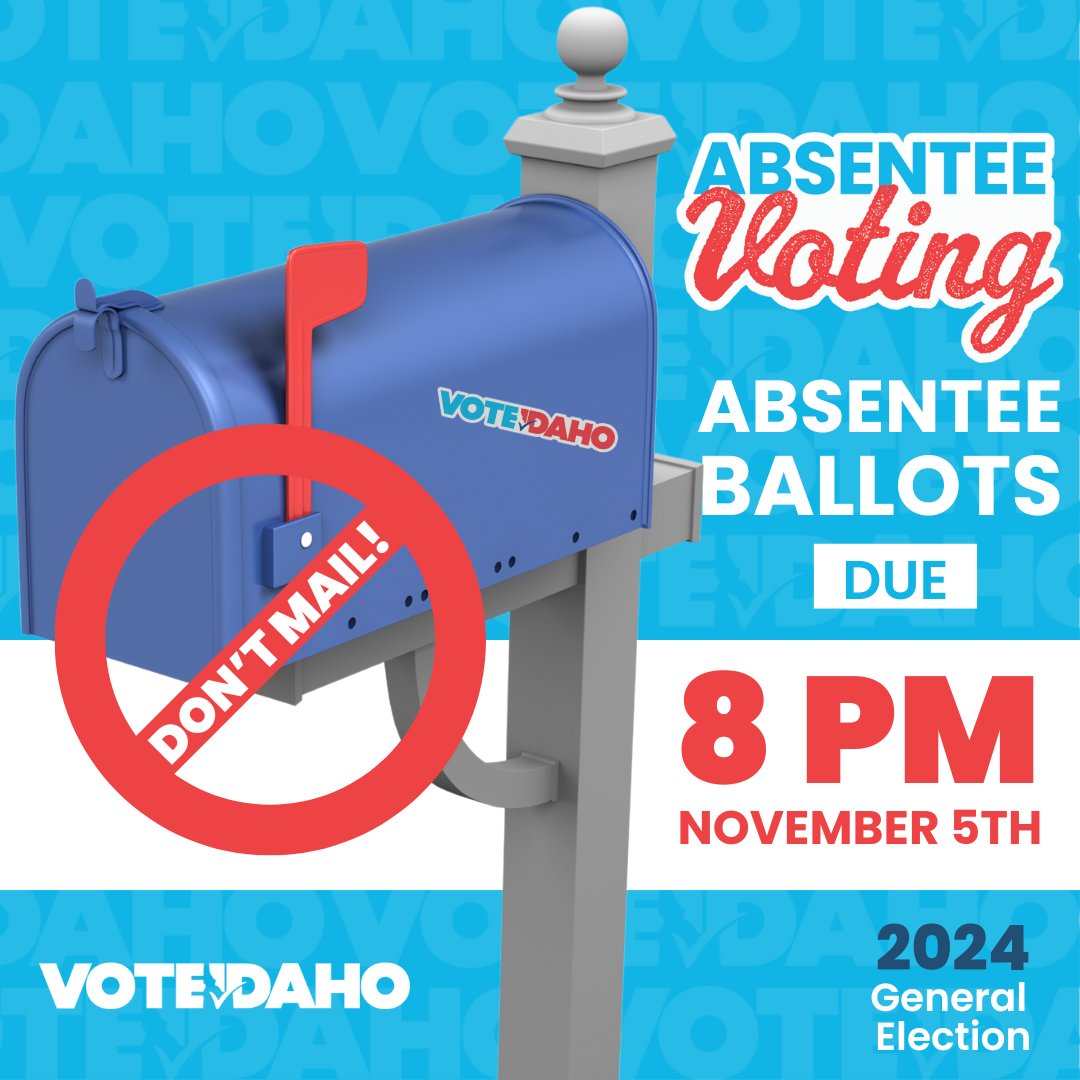 Holding on to an absentee ballot? Don't mail it! Deliver it to your county elections office or an official drop box before 8 pm on Election Day to be counted!

Learn more at VoteIdaho.gov
#Idpol #VoteIdaho
