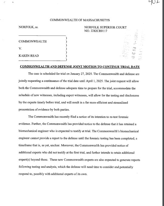 TedDanielnews's tweet photo. Breaking:  The Norfolk DA's Office and Karen Read's legal team have filed a joint motion to delay her retrial until April, 2025 #boston25 https://t.co/pVOKqBiw2x