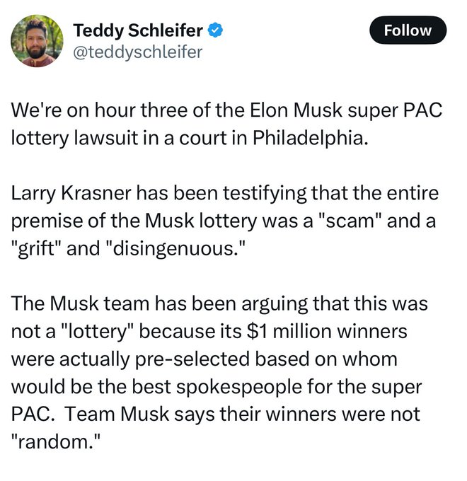 GabeHoff's tweet photo. Elon Musk's $1 million per day "lottery" was rigged from the start, winners "pre-selected", his own lawyers admit in Court. https://t.co/JL2T8V5bQE