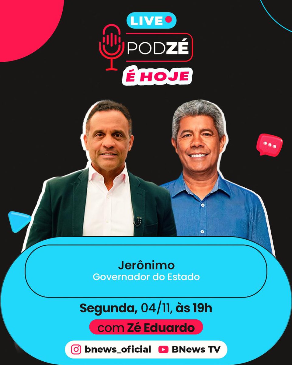 bnews_oficial's tweet photo. 🎙️ O governador da Bahia, Jerônimo Rodrigues (PT), é o entrevistado do PodZé desta segunda-feira (4).  #podze #jeronimorodrigues #bnews #bahia 

🔔Ative o lembrete no link: https://t.co/cJrc64q0pF https://t.co/CtLeHj0yJc