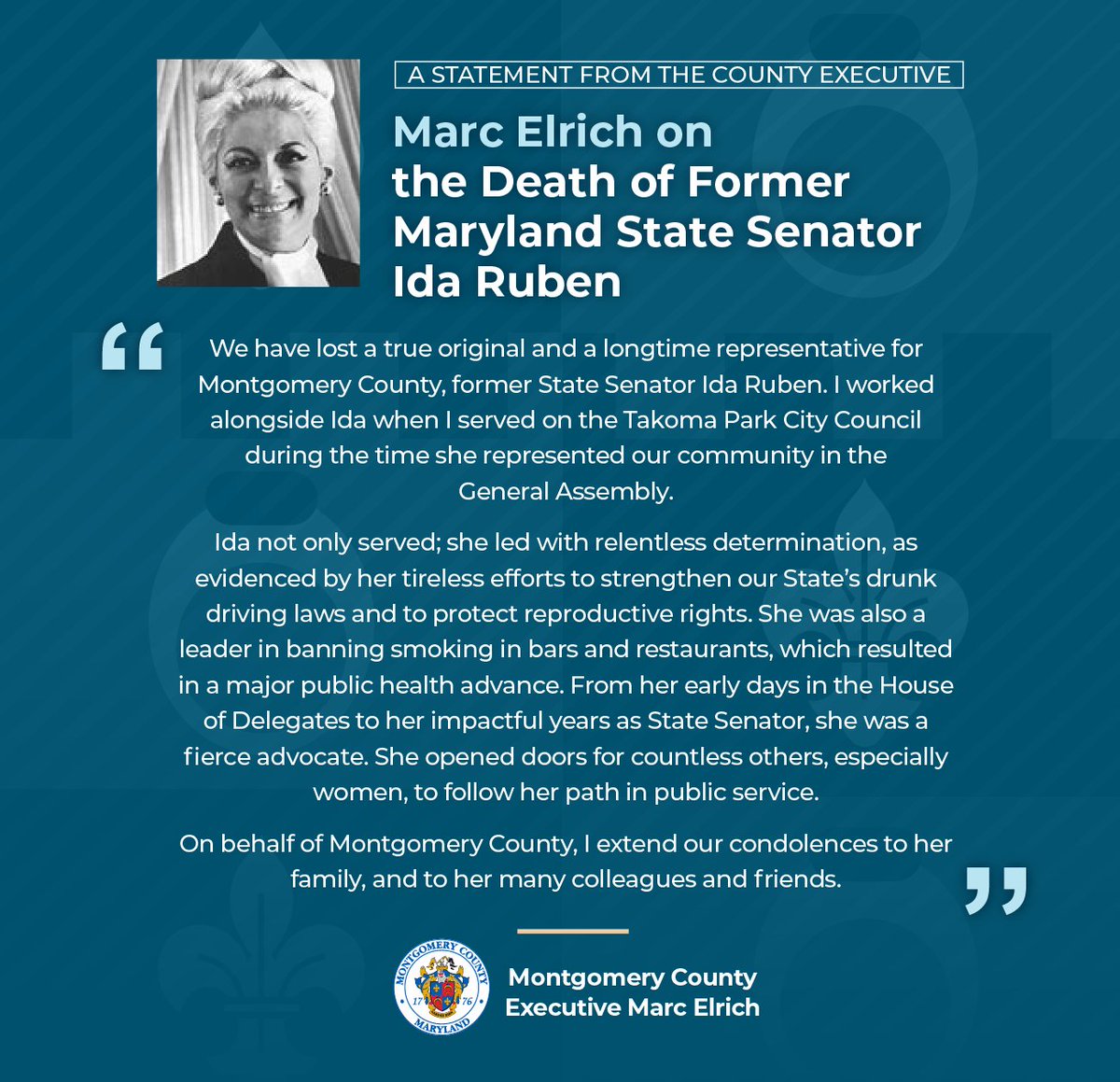 Please see below for my statement on the Death of Former Maryland State Senator Ida Ruben:

ow.ly/Xgrg50TZO9t